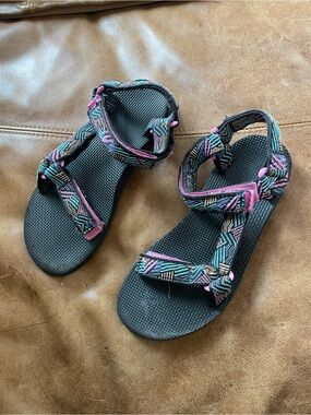 Teva Black Sandals with Pink and Teal Patterned Straps